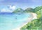 View of paradise bay with turquoise see water and white sandy beach. Watercolor hand drawn illustration.