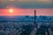 View of Paris with Eiffel Tower from Montparnasse building. Eiffel tower view with flying birds from Montparnasse at sunset, view