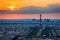 View of Paris with Eiffel Tower from Montparnasse building. Eiffel tower view with flying birds from Montparnasse at sunset, view