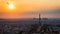 View of Paris with Eiffel Tower from Montparnasse building. Eiffel tower view with flying birds from Montparnasse at sunset, view