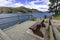 View of a park bench at Kalamalka Lake from Kalamalka Lake Provinial Park near Vernon British Columbia Canada
