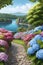 View of park and lake with small hill, pebble path, hydrangeas, masterpiece, realistic, artistic, wallpaper, 8k