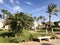 View of the park and the stone path and the beautiful Arabian Muslim white stone building, cottages, houses against the backdrop o