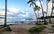 View of park and tropical beach in Haleiwa, North shore of Oahu, Hawaii