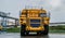 View of the parking lot of an exhibition of large career heavy dump trucks at the automobile plant Belaz