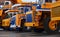 View of the parking lot of an exhibition of large career heavy dump trucks at the automobile plant Belaz