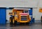 View of the parking lot of an exhibition of large career heavy dump trucks at the automobile plant Belaz