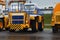 View of the parking lot of an exhibition of large career heavy dump trucks at the automobile plant Belaz