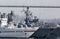 View on parking of military battleships of Russian Pacific Navy in port of Vladivostok