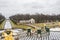 View of parks and fountains of Peterhof in winter. Central Alley of Grand cascade