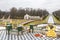 View of parks and fountains of Peterhof in winter. Central Alley of Grand cascade