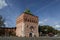 View of the passage Dmitrievskaya Tower of the Nizhny Novgorod Kremlin from the Minin and Pozharsky square on a sunny summer day