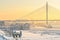 The view of the passenger port and Bolshoy Obukhovsky bridge at a frosty hazy winter day.