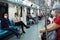 View of passengers inside the Marmaray metro, an intercontinental commuter rail line.