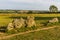 A view past neolithic stones towards Chipping Norton in the Cotswold hills, UK