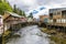 A view past stilted buildings down the Creek in Ketchikan, Alaska
