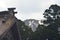 A view past a temple roof, over a forest to snow-capped mountains