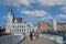 View on pedestrian bridge on cityscape with old and modern buildings and la grand poste against blue sky