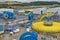 View of people and heavy machinery at dockyard in Rosyth, Scotland