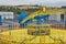 View of people and heavy machinery at dockyard in Rosyth, Scotland