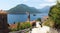 View from Perast town to islands and green hills in Bay of Kotor - Boka Kotorska in Montenegro
