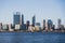 View of Perth CBD skyline from Mends Jetty across the river Swan in South Perth