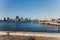 View of Perth CBD skyline from Mends Jetty across the river Swan in South Perth