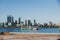 View of Perth CBD skyline from Mends Jetty across the river Swan in South Perth