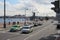 View of the Petrogradskaya Embankment and the Cruiser Aurora in St. Petersburg.