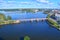 View of Petrovsky Bridge and Northern harbor from St. Olav\'s Tower in Vyborg Castle, Russia