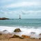 View of the Phare de Goury lighthouse on the north coast of Normandy in France