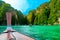 View of Pi Leh lagoon (also known as Green Lagoon) at Ko Phi Phi islands, Thailand. View from typical long tailed boat.