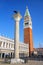 View of Piazzetta San Marco with St Mark`s Campanile, Lion of Venice statue and Biblioteca in Venice, Italy