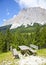 View at picknick table near Ehrwalder Almsee with mountain landscape, Tirol