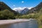 View of the picturesque village Gomion located on the river Passer in Val Passiria in the South Tyrolean Alps, Italy