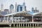 View of pier 2 in Brooklyn with unrecognizable people playing basketball