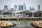 View of pier 2 in Brooklyn with unrecognizable people playing basketball