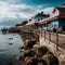 View of the pier in the morning, by the coast with the tide in