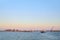 View of the pier of port of Kavkaz and floating ferry at sunset