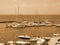 View of the pier with yachts, boats, ships. Vlychada, Santorini. Greece