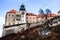 View of Pieskowa Skala Castle and garden, medieval building near Krakow, Poland