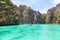 View of Pileh bay is blue lagoon with limestone rock popular bay at phi phi island Krabi,Thailand.