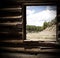 A view of the pine forest and mountains as seen from a rustic log cabin