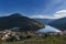 View of the Pinhao village with terraced vineyards and the Douro River, in Portugal