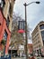 View of a Pioneer Square banner on a lamp post in historic downtown Seattle