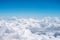 View from the plane`s window: clear blue sky, feathery fluffy clouds. Boryspil International Airport. Horizontal photo.