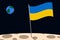View of planet Earth from the surface of the Moon with the Ukraine flag and holes on the ground