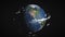 View of planet from space. Added digital effects, light objects orbiting Earth. 3D realistic animation of universe