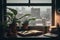 View from a plant-cluttered desk out a window into a rainy city