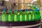 View of plastic bottles at bottling line at soft drinks factory